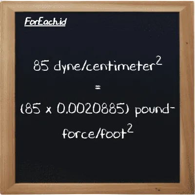85 dyne/centimeter<sup>2</sup> is equivalent to 0.17753 pound-force/foot<sup>2</sup> (85 dyn/cm<sup>2</sup> is equivalent to 0.17753 lbf/ft<sup>2</sup>)